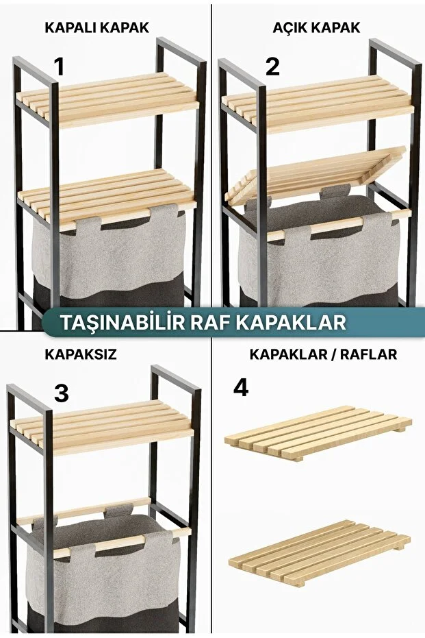 Çamaşır Sepeti Ahşap Raflı Kirli Sepeti 2 Katlı Büyük Boy Kapaklı Çok Amaçlı Banyo Düzenleyici